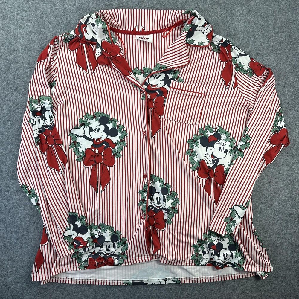 Disney x Primark Pajama Top Womens 2XL Red Mickey Minnie Christmas Button Shirt - Picture 1 of 9